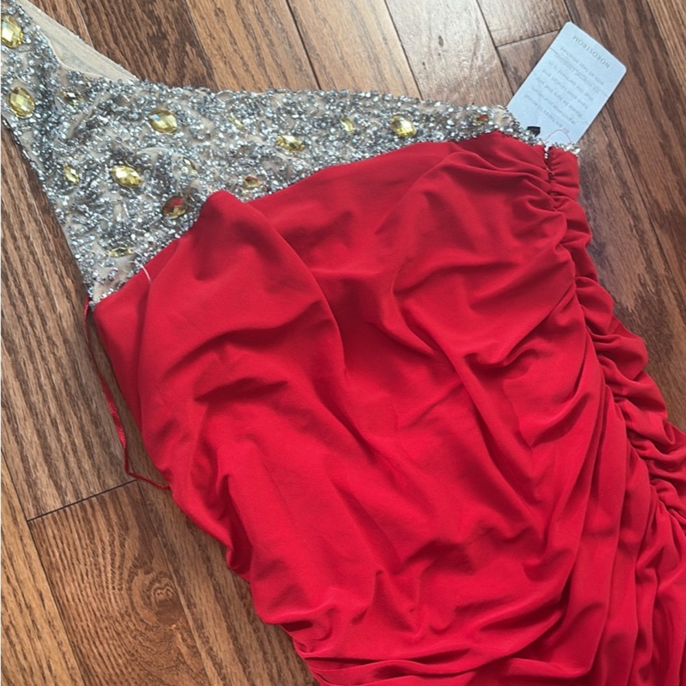 JS Boutique One Shoulder Red Dress with Silver Embellishments